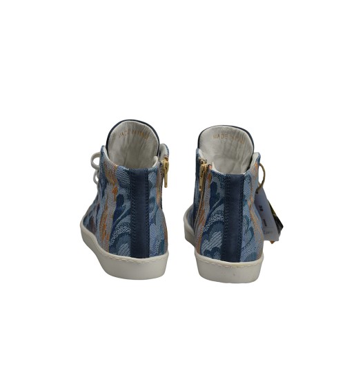 Woman' s  sneakers handmade  blue suede leather and exclusive fabric.